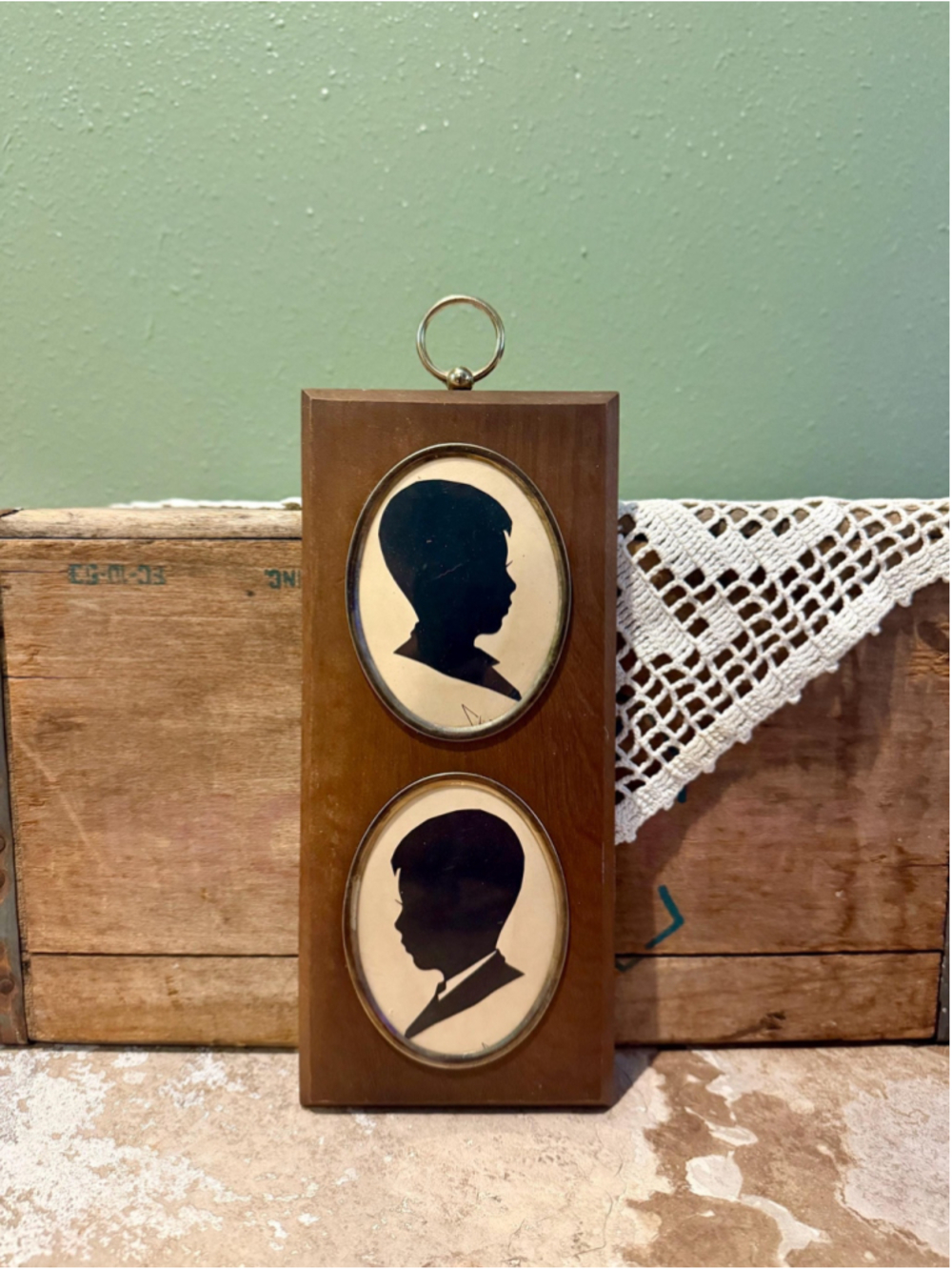 Vintage Silhouette Boy Portraits | Brass-Framed Oval Wood Plaque